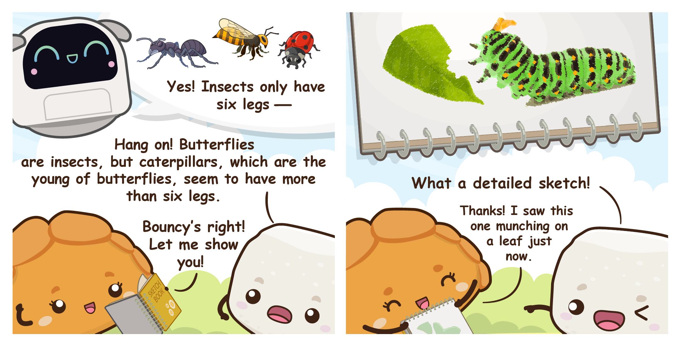 Two-panel comic where Poodle defines insects by their six legs, while Bouncy and Pok Pok note that caterpillars appear to have more than six legs, highlighting Pok Pok's detailed caterpillar sketch.